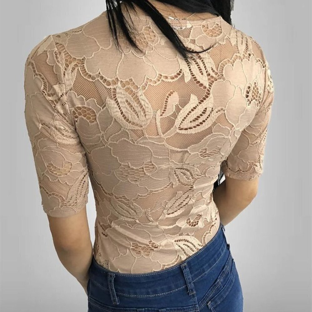 Guess Beige Lace Up Corset Rose Bodysuit Floral Short Sleeves Mesh New - Picture 2 of 9